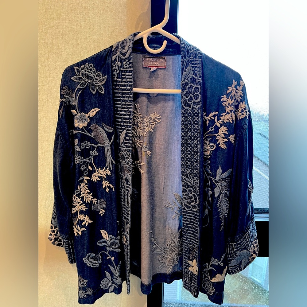 Johnny Was Jacqueline Floral-Embroidered Kimono Jacket, Denim Blue, XS